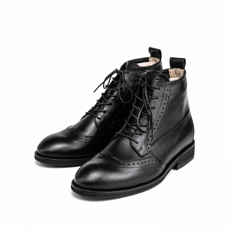 Зимние кожаные мужские ботинки броги в черной коже