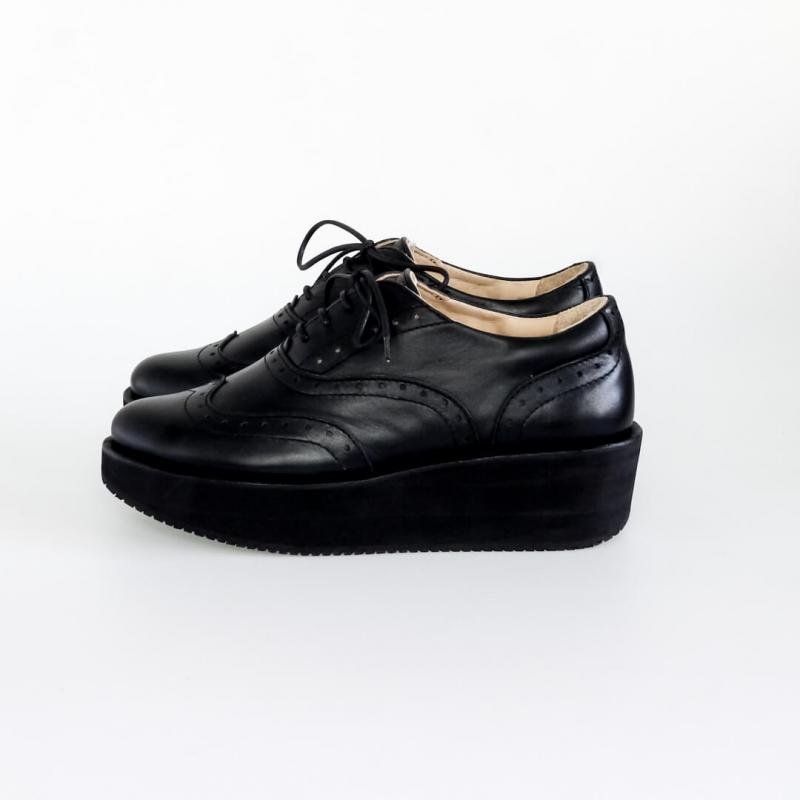 Women's Black Leather Platform Brogue Shoes